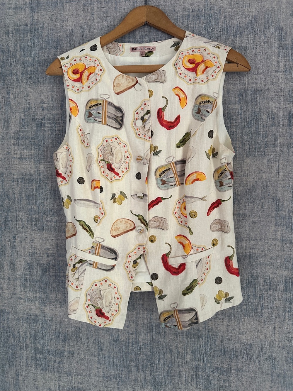 Bailey Rose Sleeveless Button Vest with Colorful Food Print